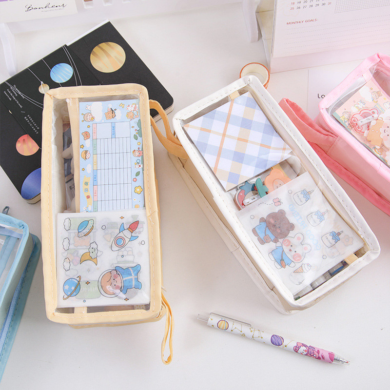 Kawaii roosad pliiatsikarbid kirjatarbed suur hoiukotike Armas kreemjas värvi pliiatsikotid Pliiatsid Suur hoidik teismelistele tüdrukutele kleebisega