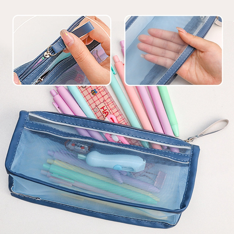 Paprastas skaidrus dvigubo tinklinio pieštuko dėklas Biuro pieštukų dėklai mokiniams Mokyklinės reikmenys rašiklio dėžutės krepšys Naujos raštinės reikmenys