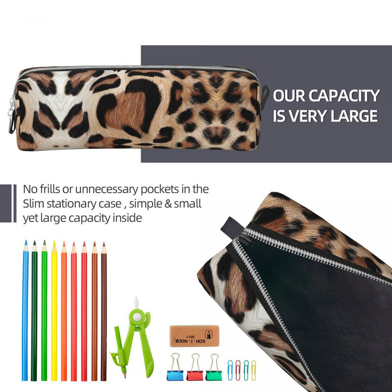 Leopárd szőrme szív ceruza tolltartó tolltartó táskák tanulói nagy tárolási kellékek számára, cipzáros tolltartók