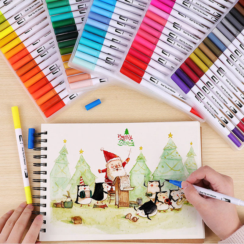 12 spalvų Dvigubos galvutės paryškinimo rašiklio rinkinys piešimas Spalvotas rašiklis Eskizų žymekliai Meno mokykla Kanceliarinės švietimo biuro reikmenys