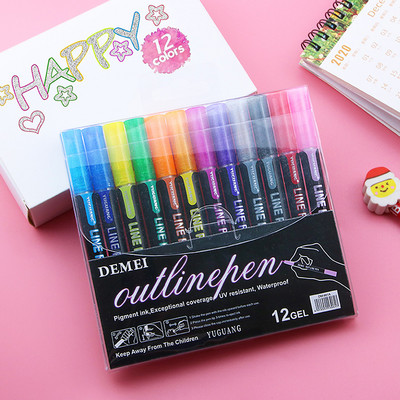 8/12 spalvų/blizgančių dviejų linijų kontūro specialiųjų efektų rašiklio spalvos žymeklis iš kelių spalvų rankomis dažytų fluorescencinių dviejų spalvų ma