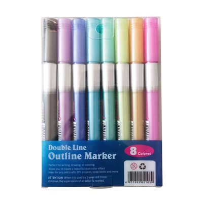 8/12 spalvų/blizgančių dviejų linijų kontūro specialiųjų efektų rašiklio spalvos žymeklis iš kelių spalvų rankomis dažytų fluorescencinių dviejų spalvų ma