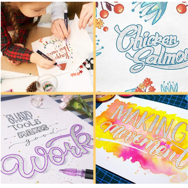 8/12 spalvų/blizgančių dviejų linijų kontūro specialiųjų efektų rašiklio spalvos žymeklis iš kelių spalvų rankomis dažytų fluorescencinių dviejų spalvų ma