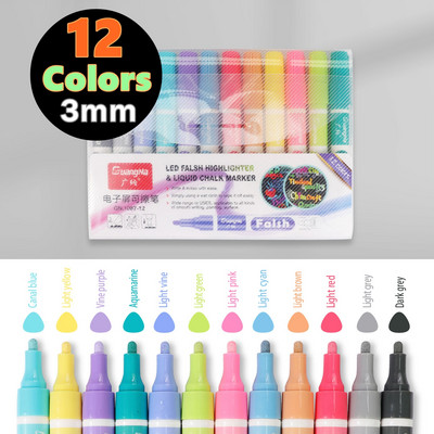 12 бр. Цветен маркер за изкуство, Неонови химикалки с течно мастило, за мигаща LED осветена писалка за дъска, Бяла дъска, Табло за съобщения в менюто, Стъкло