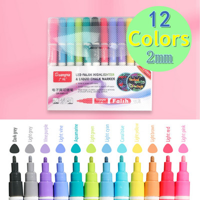 12 бр. Цветен маркер за изкуство, Неонови химикалки с течно мастило, за мигаща LED осветена писалка за дъска, Бяла дъска, Табло за съобщения в менюто, Стъкло