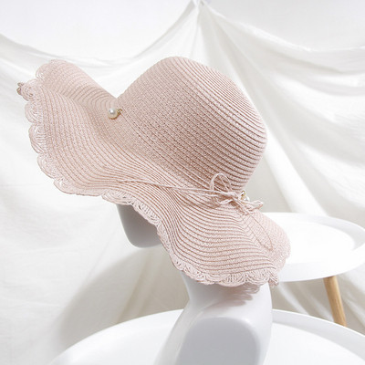 Лятна женска вълнообразна шарка Панама Слънчеви шапки Шапка с козирка с голяма периферия Сгъваема сламена шапка Плажна шапка на открито за жени Шапка с UV защита