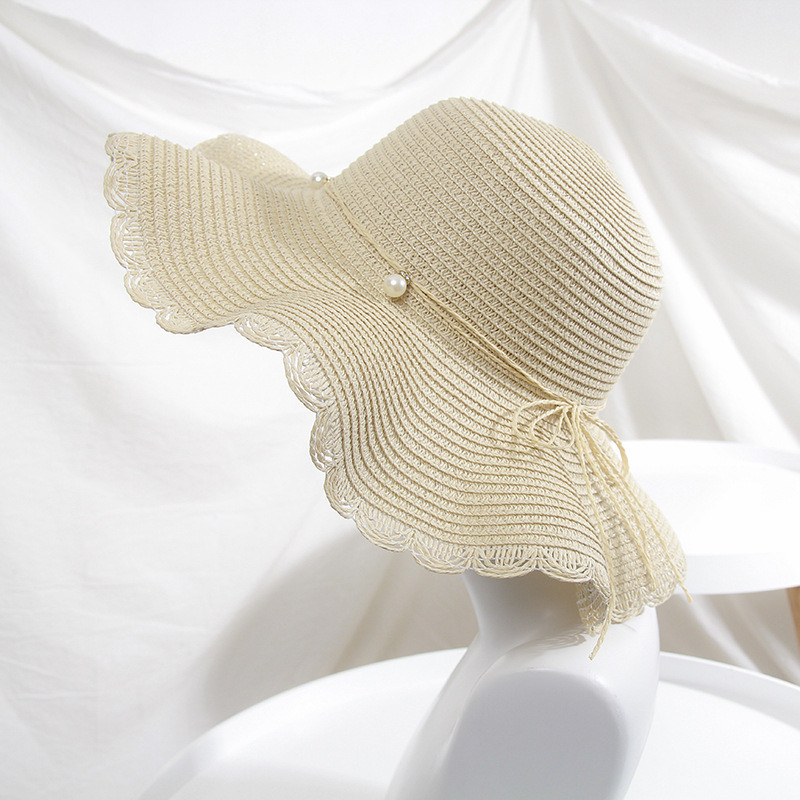 Лятна женска вълнообразна шарка Панама Слънчеви шапки Шапка с козирка с голяма периферия Сгъваема сламена шапка Плажна шапка на открито за жени Шапка с UV защита