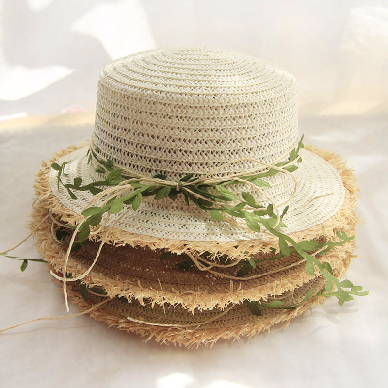 Нова сламена шапка с листа от ратан и панделка дамска панама пролет лято пътуване плаж шапки с плосък връх дамска козирка за слънце шапка с широка периферия