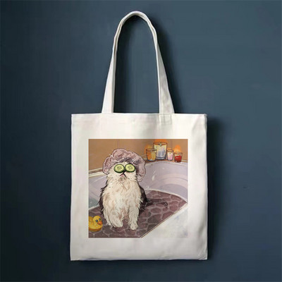 Сладка котка Пазарска чанта Shoper Bags Tote Canvas Bag Harajuku Многократна употреба Голям капацитет Kawaii Дамска ежедневна чанта през рамо Дамска чанта