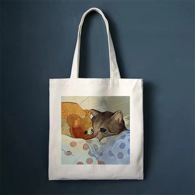 Сладка котка Пазарска чанта Shoper Bags Tote Canvas Bag Harajuku Многократна употреба Голям капацитет Kawaii Дамска ежедневна чанта през рамо Дамска чанта