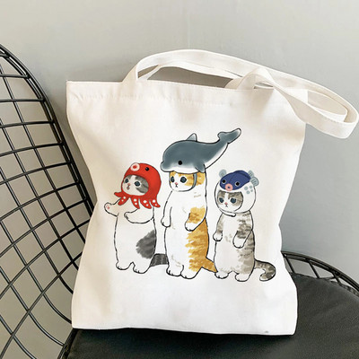 Дамски чанти за пазаруване Kawaii Cats Cartoon Manga Tote Bag Плажна чанта Shopper Чанти Ръчни чанти Платнени чанти за през рамо с голям капацитет