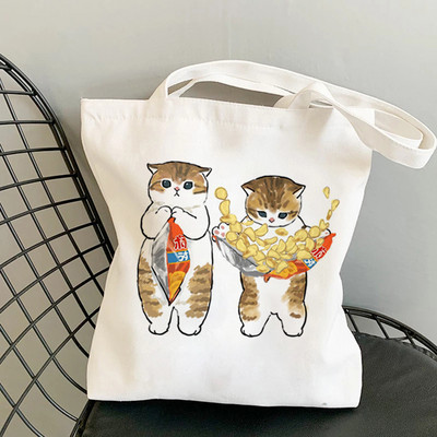Дамски чанти за пазаруване Kawaii Cats Cartoon Manga Tote Bag Плажна чанта Shopper Чанти Ръчни чанти Платнени чанти за през рамо с голям капацитет