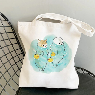 Дамски чанти за пазаруване Kawaii Cats Cartoon Manga Tote Bag Плажна чанта Shopper Чанти Ръчни чанти Платнени чанти за през рамо с голям капацитет