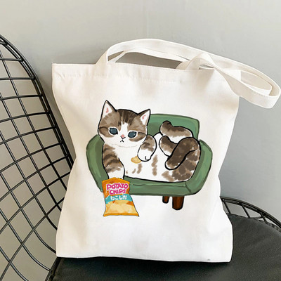 Дамски чанти за пазаруване Kawaii Cats Cartoon Manga Tote Bag Плажна чанта Shopper Чанти Ръчни чанти Платнени чанти за през рамо с голям капацитет