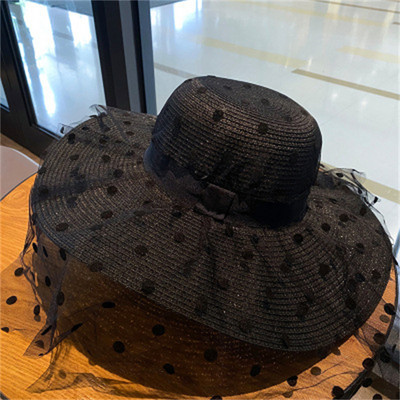 Летни мрежести дантелени сламени шапки за жени Класически, елегантни на точки с широка периферия Слънчева шапка Плажна сгъваема UV защита Панама сомбреро