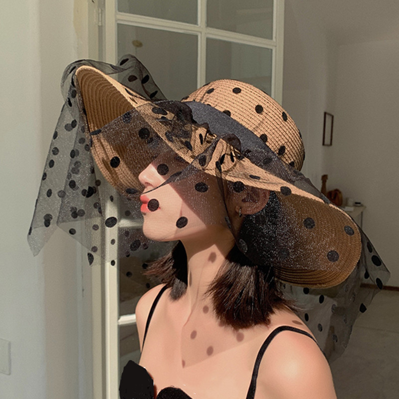 Летни мрежести дантелени сламени шапки за жени Класически, елегантни на точки с широка периферия Слънчева шапка Плажна сгъваема UV защита Панама сомбреро