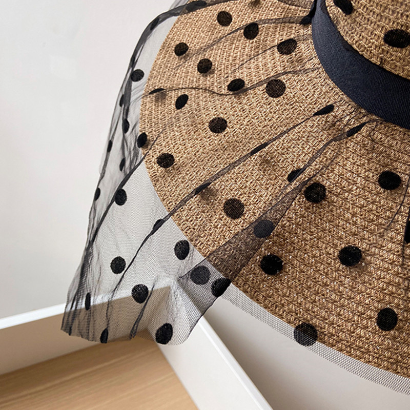 Летни мрежести дантелени сламени шапки за жени Класически, елегантни на точки с широка периферия Слънчева шапка Плажна сгъваема UV защита Панама сомбреро