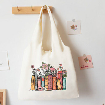 Floral Books Printed Shoulder Bag Literature Βιβλίο Flower Tote Bags Illustration Τσάντα βιβλίου για κορίτσια Ταξίδι Harajuku Canvas Handbag