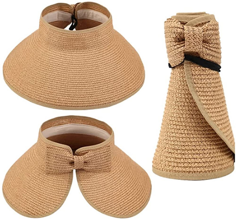 Летни дамски сенници Слънчеви козирки Широка периферия Сгъваема опакована навиваща се на опашка плажна шапка Сламена козирка Слънчеви шапки UV защита