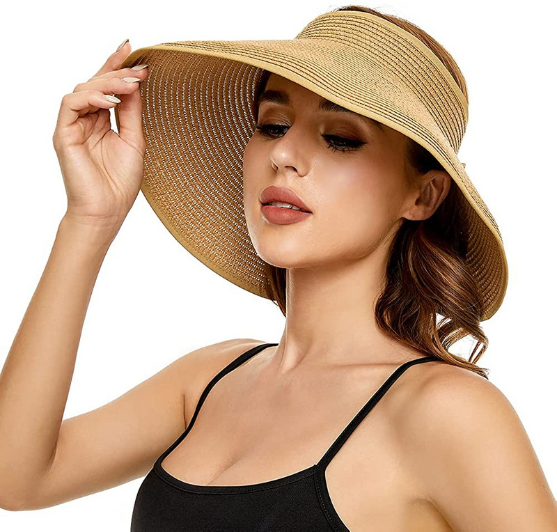 Летни дамски сенници Слънчеви козирки Широка периферия Сгъваема опакована навиваща се на опашка плажна шапка Сламена козирка Слънчеви шапки UV защита