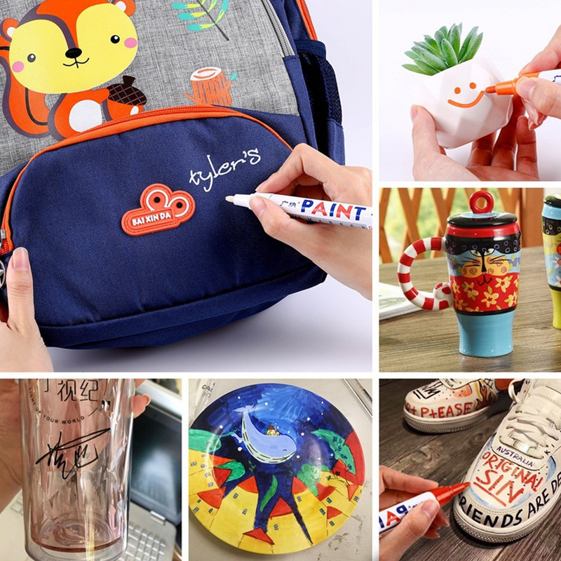 12Pcs White Paint Markers Pens Never Fade Quick Dry Permanent Oil-Based Waterproof Set for Car Gum Rubber Graffiti Art Supplies