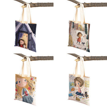 Χαριτωμένο κορίτσι κινουμένων σχεδίων με διπλό τυπωμένο επαναχρησιμοποιήσιμο καμβά Τσάντα μαθητικής τσάντας Fairy Tale World Lovely Child Gift Casual Shopping Bag