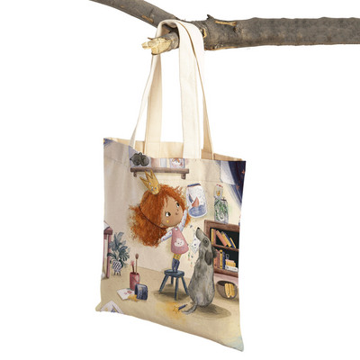 Сладко анимационно момиче с двойно отпечатано платно за многократна употреба Студентска чанта Fairy Tale World Прекрасен детски подарък Ежедневна пазарска чанта