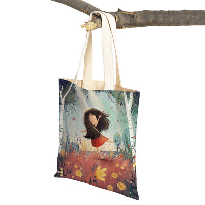 Сладко анимационно момиче с двойно отпечатано платно за многократна употреба Студентска чанта Fairy Tale World Прекрасен детски подарък Ежедневна пазарска чанта
