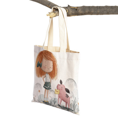 Сладко анимационно момиче с двойно отпечатано платно за многократна употреба Студентска чанта Fairy Tale World Прекрасен детски подарък Ежедневна пазарска чанта