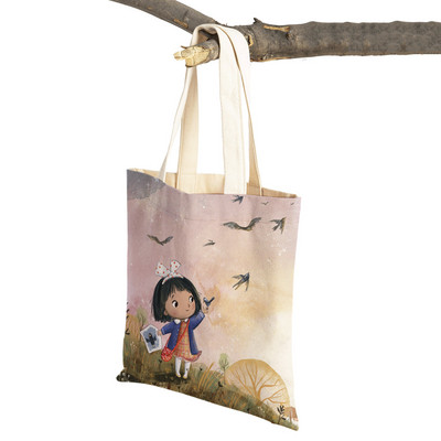 Сладко анимационно момиче с двойно отпечатано платно за многократна употреба Студентска чанта Fairy Tale World Прекрасен детски подарък Ежедневна пазарска чанта