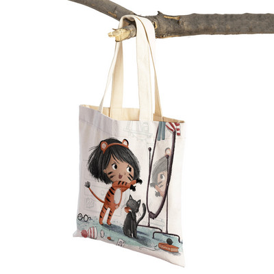 Сладко анимационно момиче с двойно отпечатано платно за многократна употреба Студентска чанта Fairy Tale World Прекрасен детски подарък Ежедневна пазарска чанта