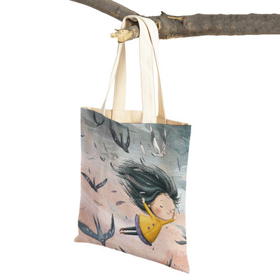 Сладко анимационно момиче с двойно отпечатано платно за многократна употреба Студентска чанта Fairy Tale World Прекрасен детски подарък Ежедневна пазарска чанта