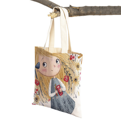 Сладко анимационно момиче с двойно отпечатано платно за многократна употреба Студентска чанта Fairy Tale World Прекрасен детски подарък Ежедневна пазарска чанта