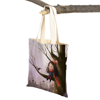 Сладко анимационно момиче с двойно отпечатано платно за многократна употреба Студентска чанта Fairy Tale World Прекрасен детски подарък Ежедневна пазарска чанта