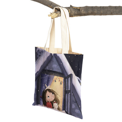 Сладко анимационно момиче с двойно отпечатано платно за многократна употреба Студентска чанта Fairy Tale World Прекрасен детски подарък Ежедневна пазарска чанта