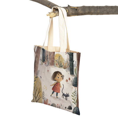 Сладко анимационно момиче с двойно отпечатано платно за многократна употреба Студентска чанта Fairy Tale World Прекрасен детски подарък Ежедневна пазарска чанта