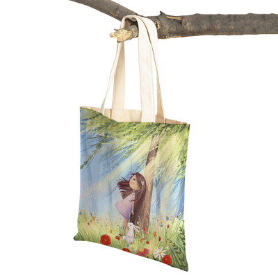 Сладко анимационно момиче с двойно отпечатано платно за многократна употреба Студентска чанта Fairy Tale World Прекрасен детски подарък Ежедневна пазарска чанта