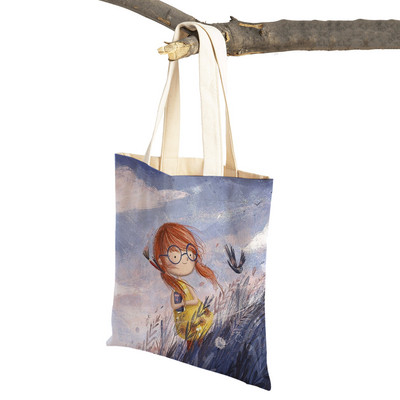 Сладко анимационно момиче с двойно отпечатано платно за многократна употреба Студентска чанта Fairy Tale World Прекрасен детски подарък Ежедневна пазарска чанта