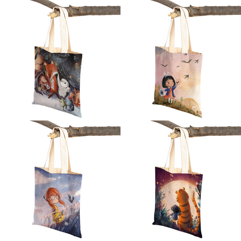Сладко анимационно момиче с двойно отпечатано платно за многократна употреба Студентска чанта Fairy Tale World Прекрасен детски подарък Ежедневна пазарска чанта