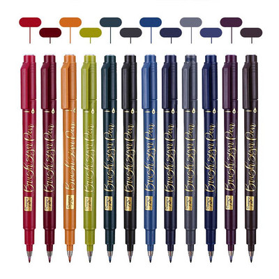 12 DB/Szett Retro kalligráfia toll ecset jelölők Aláírás Finom Liner Toll Art Marker nyers Manga színező Tervezés Vázlat