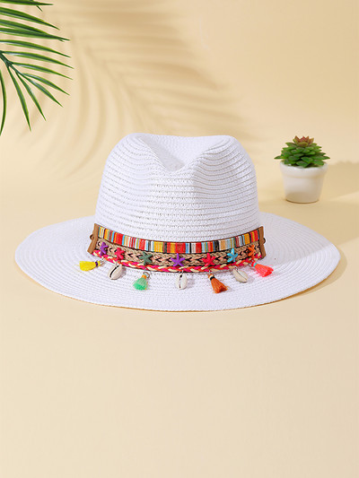 2023 Цветна плажна шапка с пискюл за жени Bohe Каубойски слънчеви шапки Лятна сламена шапка UV защита Празнична шапка на открито на едро