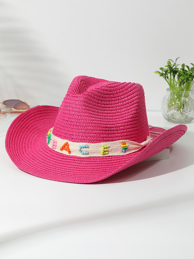 2023 Цветна плажна шапка с пискюл за жени Bohe Каубойски слънчеви шапки Лятна сламена шапка UV защита Празнична шапка на открито на едро