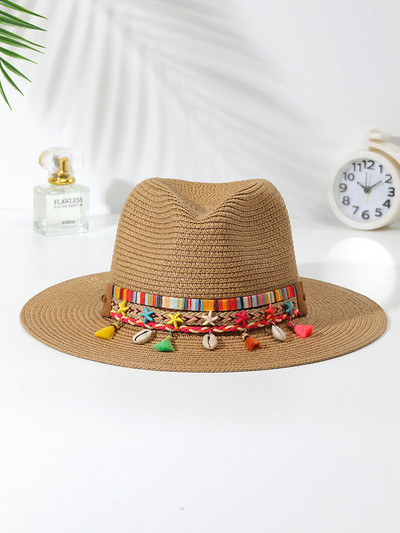 2023 Цветна плажна шапка с пискюл за жени Bohe Каубойски слънчеви шапки Лятна сламена шапка UV защита Празнична шапка на открито на едро