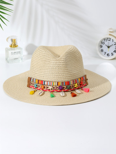2023 Цветна плажна шапка с пискюл за жени Bohe Каубойски слънчеви шапки Лятна сламена шапка UV защита Празнична шапка на открито на едро