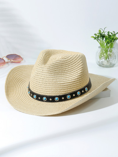 2023 Цветна плажна шапка с пискюл за жени Bohe Каубойски слънчеви шапки Лятна сламена шапка UV защита Празнична шапка на открито на едро