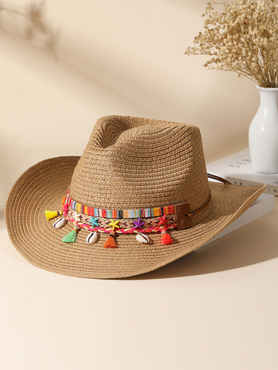2023 Цветна плажна шапка с пискюл за жени Bohe Каубойски слънчеви шапки Лятна сламена шапка UV защита Празнична шапка на открито на едро