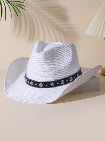 2023 Цветна плажна шапка с пискюл за жени Bohe Каубойски слънчеви шапки Лятна сламена шапка UV защита Празнична шапка на открито на едро