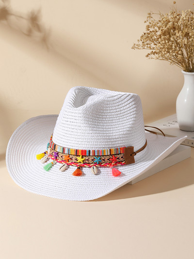 2023 Цветна плажна шапка с пискюл за жени Bohe Каубойски слънчеви шапки Лятна сламена шапка UV защита Празнична шапка на открито на едро