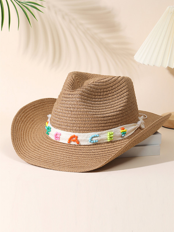 2023 Цветна плажна шапка с пискюл за жени Bohe Каубойски слънчеви шапки Лятна сламена шапка UV защита Празнична шапка на открито на едро