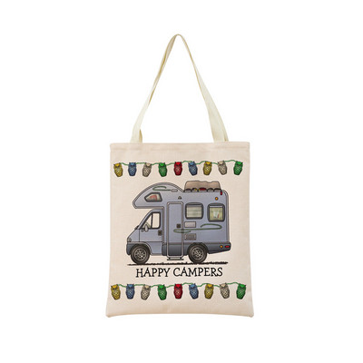 Cartoon Happy Camper Car Пазарна чанта с двустранен печат Екологична сгъваема дамска чанта Студентска външна чанта 2 размера